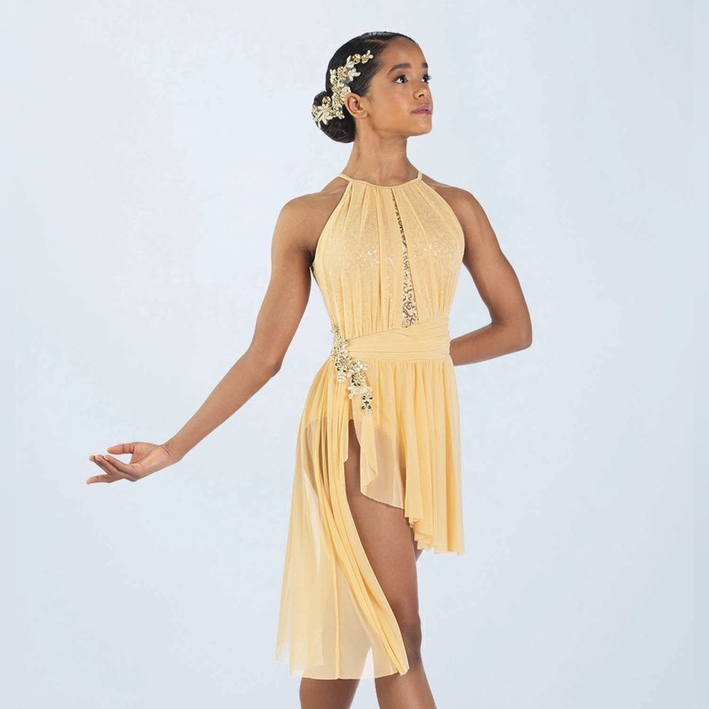 WEISSMAN Dance Costume lyrical yellow champagne 10,000 MILES 13171 XLA adult